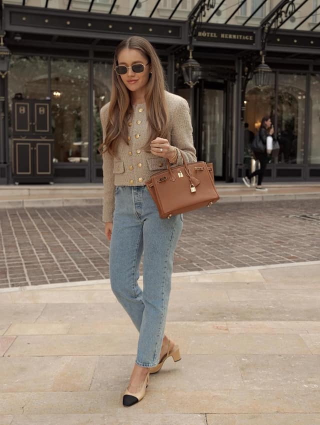 Beige Tweed Jacket Outfit with Light Wash Jeans