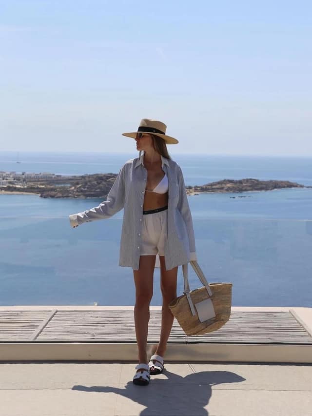 Oversized Striped Shirt White Shorts Vacation Outfit