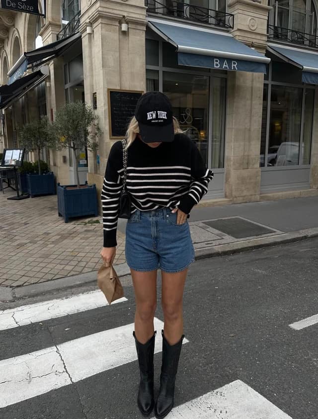 Black and White Striped Sweater Denim Shorts Outfit with Knee-High Boots