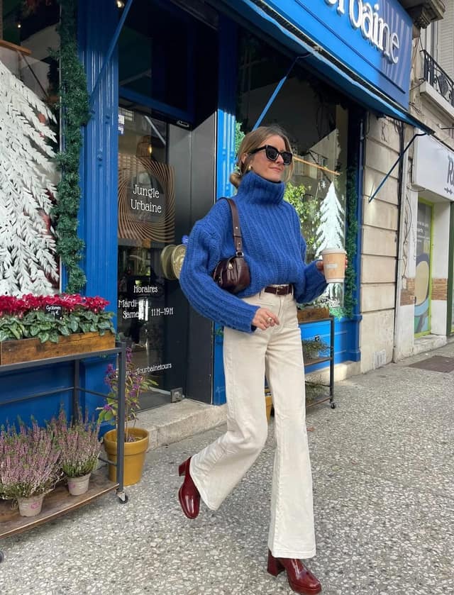 Cobalt Blue Sweater Outfit with Wide-Leg Trousers