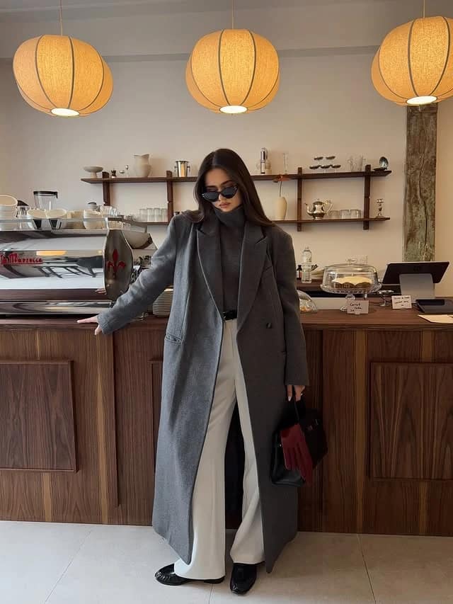 Gray Wool Coat Wide Leg Trousers Black Turtleneck Outfit
