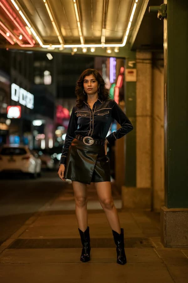Black Western Shirt Leather Mini Skirt Cowboy Boots Outfit