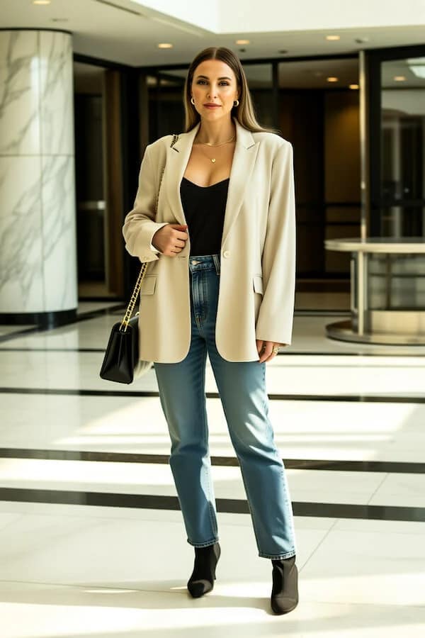 Cream Blazer Outfit with Black Cami and Blue Jeans