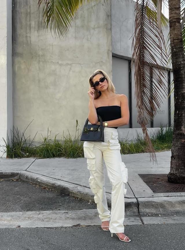 Black Strapless Top Cream Cargo Trousers Outfit