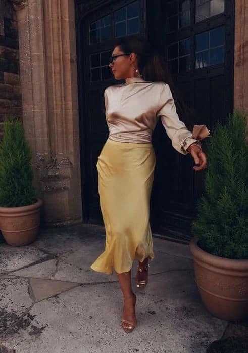 Cream Blouse Yellow Silk Skirt Outfit for Date Night