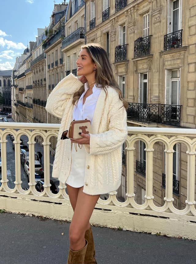 Cream Cable Knit Cardigan Outfit with White Shorts