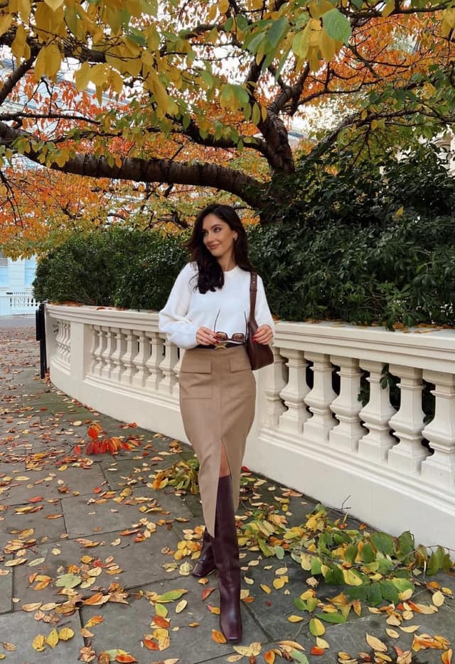 Cream Sweater Camel Midi Skirt Outfit with Burgundy Boots