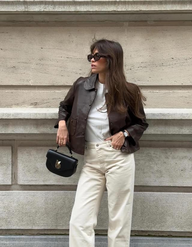 Chocolate Brown Leather Jacket Outfit with Cream Wide-Leg Jeans