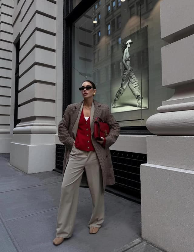 Brown Check Blazer Red Cardigan Wide-Leg Trousers Outfit