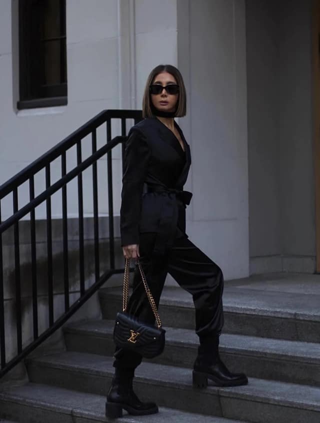Black Wrap Blazer Outfit with Trousers and Boots