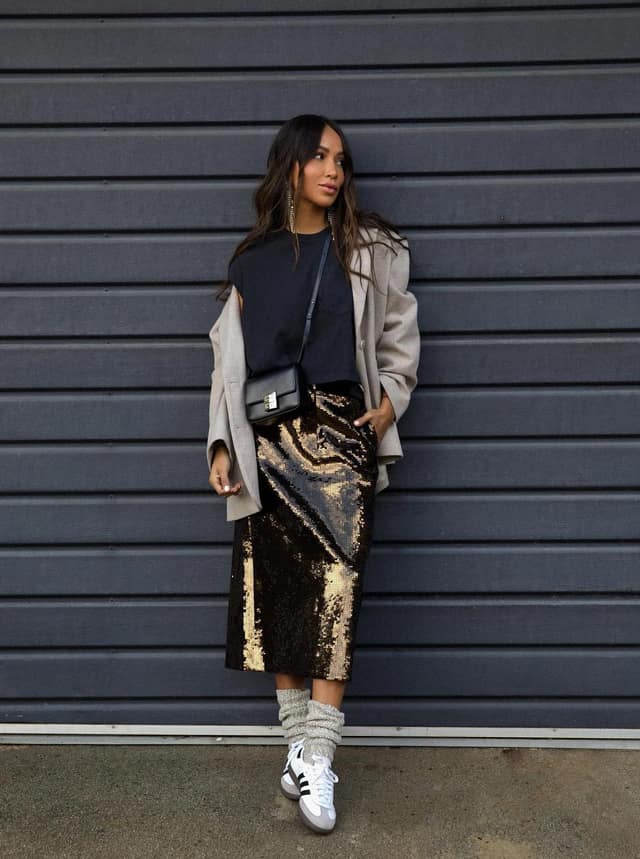 Gold Sequin Midi Skirt Outfit with Oversized Blazer