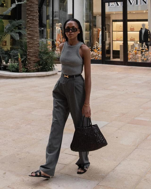 Grey Ribbed Tank High-Waisted Trousers Outfit