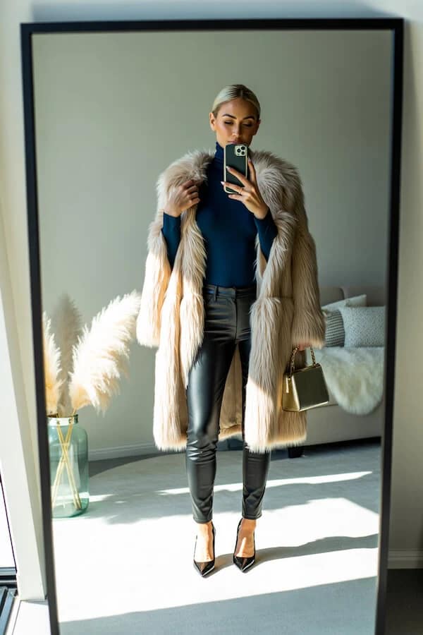 Navy Turtleneck Faux Fur Coat Leather Trousers Outfit
