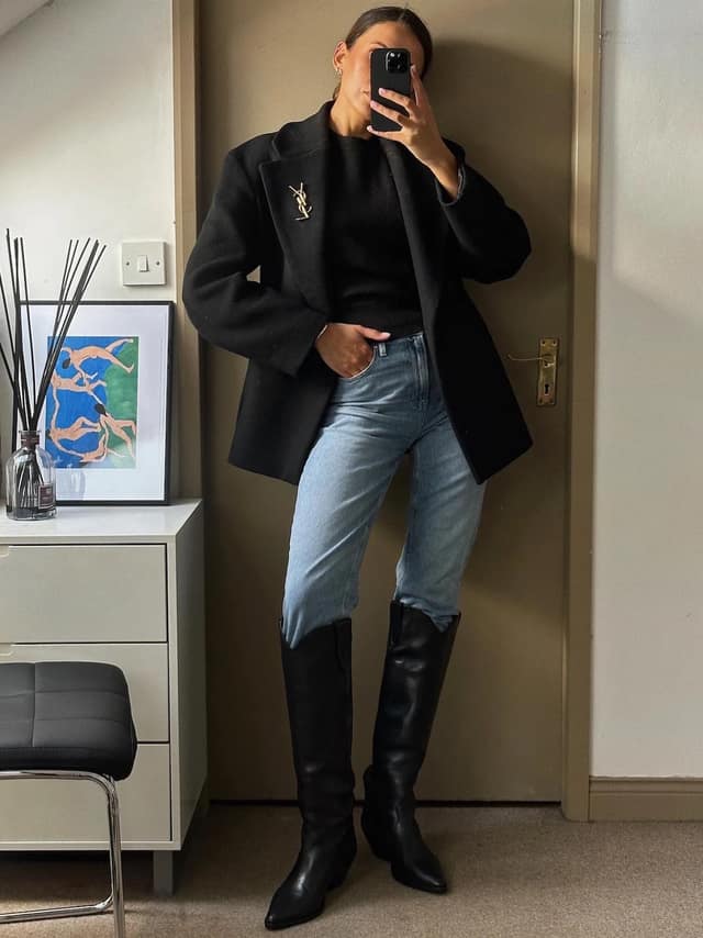 Black Blazer Light Wash Jeans Knee High Boots Outfit