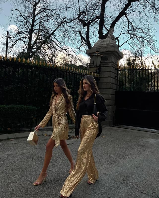 Gold Sequin Wide-Leg Trousers Black Blouse Evening Outfit