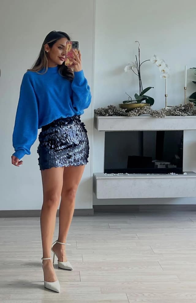 Blue Sweatshirt Navy Sequin Skirt Outfit
