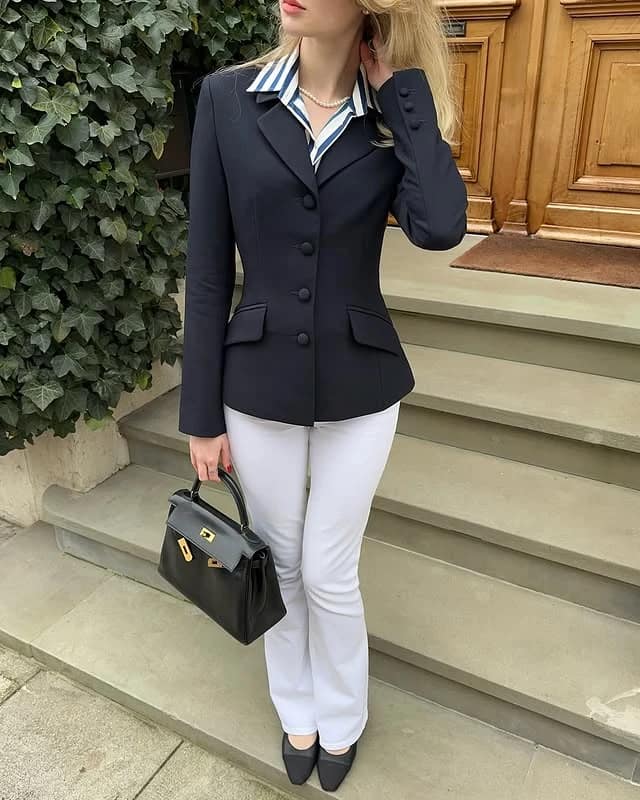Navy Blazer White Trousers Striped Collar Work Outfit