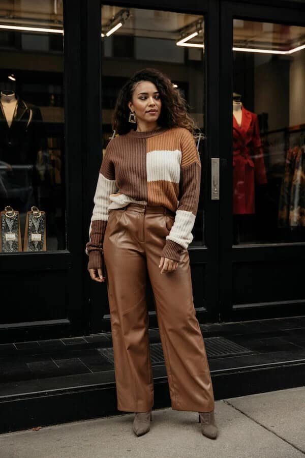 Camel Colorblock Sweater Brown Leather Trousers Outfit