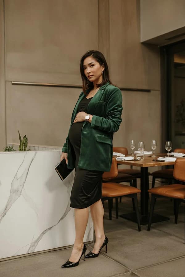 Green Velvet Blazer Outfit with Black Pencil Skirt