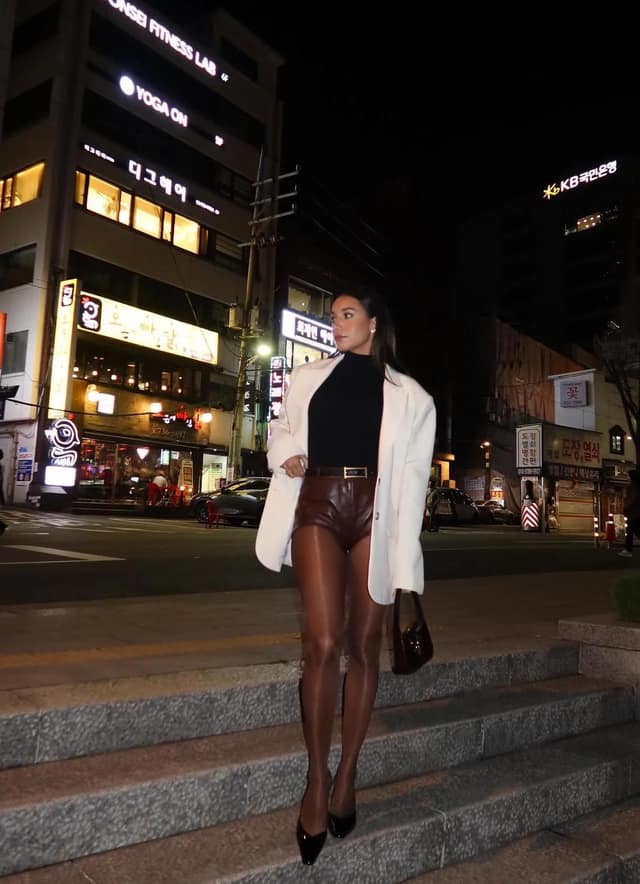 Cream Blazer Brown Leather Shorts Black Bodysuit Outfit