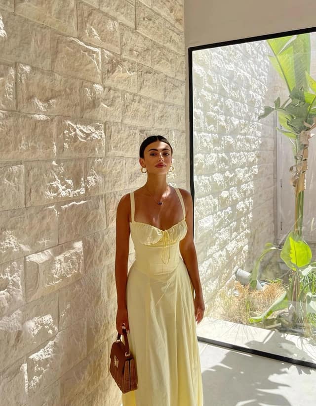 Butter Yellow Linen Corset Midi Dress Summer Outfit