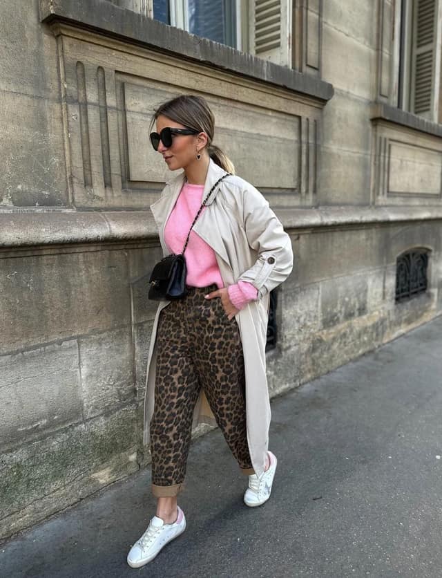 Pink Knit Leopard Print Trousers Beige Trench Outfit