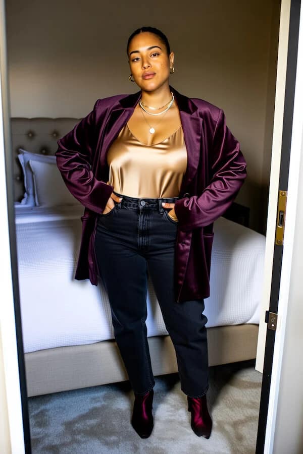 Burgundy Satin Blazer Outfit with Gold Cami and Black Jeans