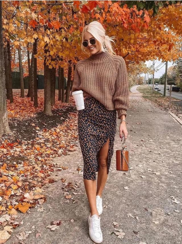 Camel Sweater Leopard Midi Skirt Fall Outfit