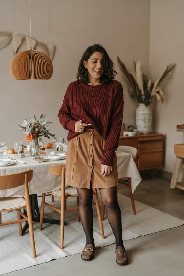 Burgundy Sweater Camel Skirt Fall Outfit with Loafers