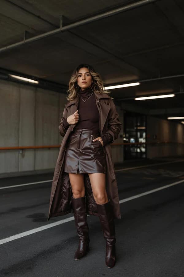 Chocolate Brown Leather Mini Skirt with Trench and Knee Boots