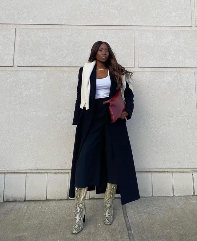 Black Wool Coat Outfit with Snake Print Boots