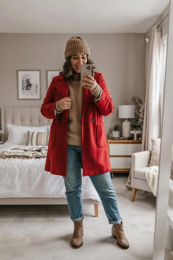 Red Wool Coat Outfit with Camel Knit and Jeans