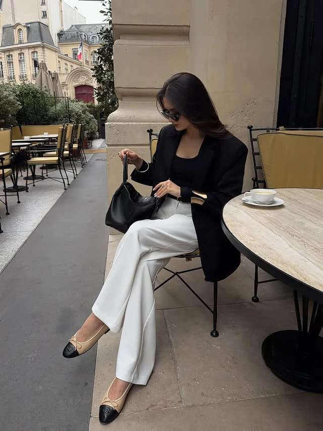 Black Blazer White Wide-Leg Trousers Café Outfit