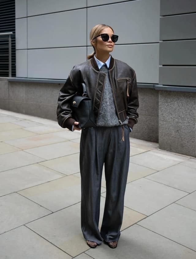 Brown Leather Bomber Jacket Outfit with Wide-Leg Trousers