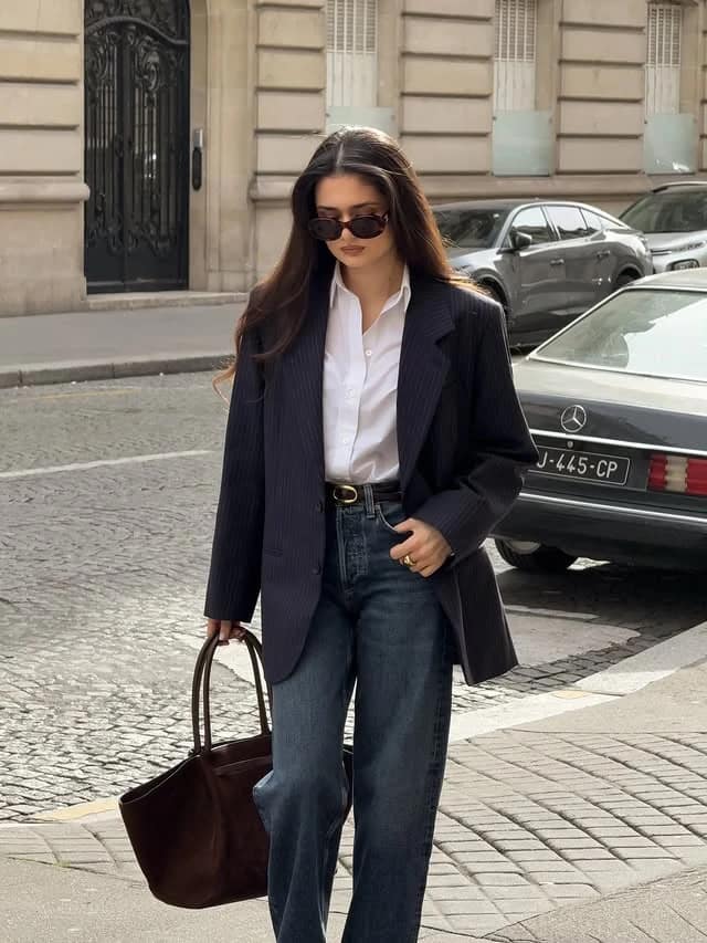Pinstripe Blazer White Shirt Wide-Leg Jeans Outfit