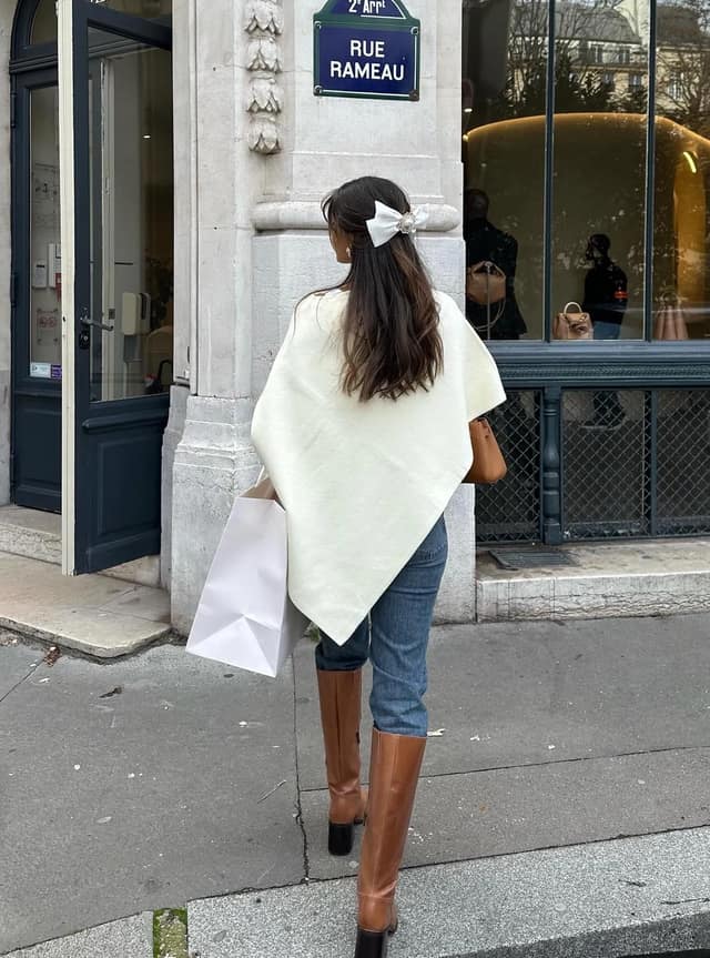 Cream Knit Wrap Outfit with Tan Knee-High Boots