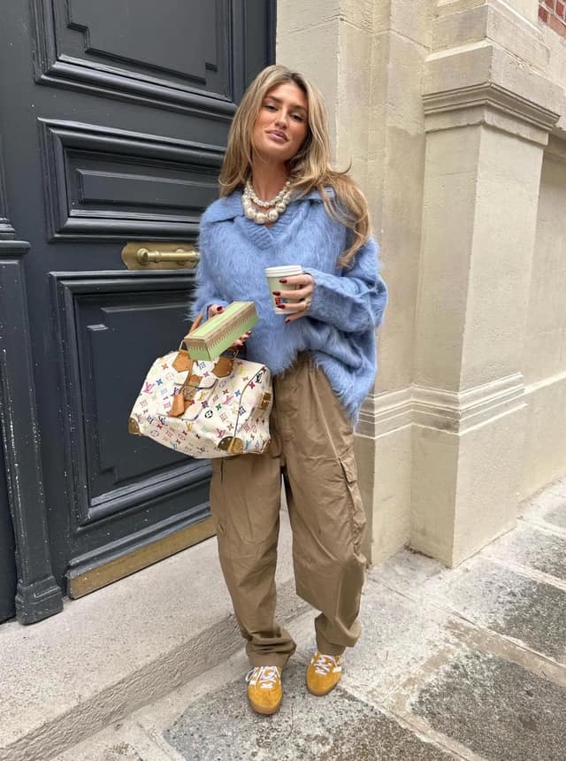 Blue Fuzzy Sweater Outfit with Cargo Trousers and Pearls