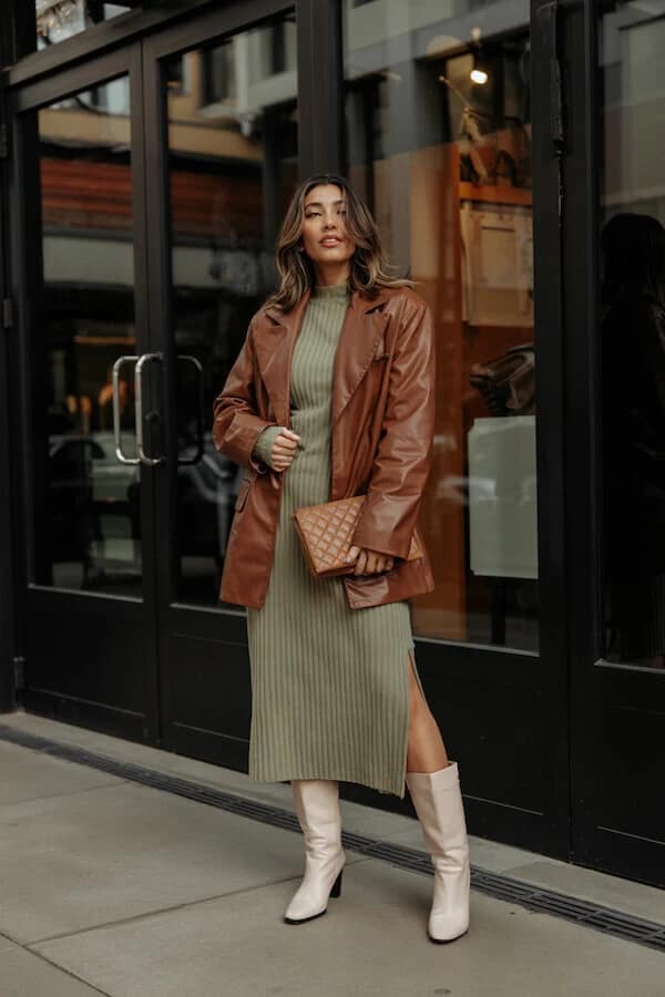 Brown Leather Blazer Ribbed Knit Midi Dress White Boots