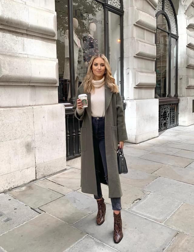 Olive Green Long Coat Outfit with Cream Turtleneck Sweater