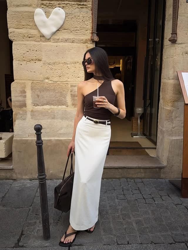 Chocolate Brown One-Shoulder Top Cream Linen Maxi Skirt