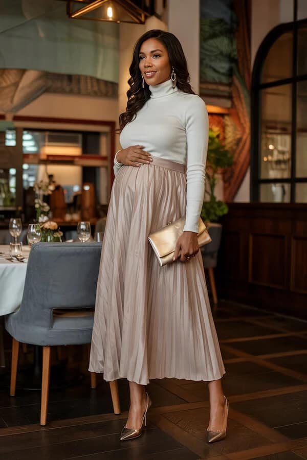 White Turtleneck Champagne Pleated Skirt Outfit