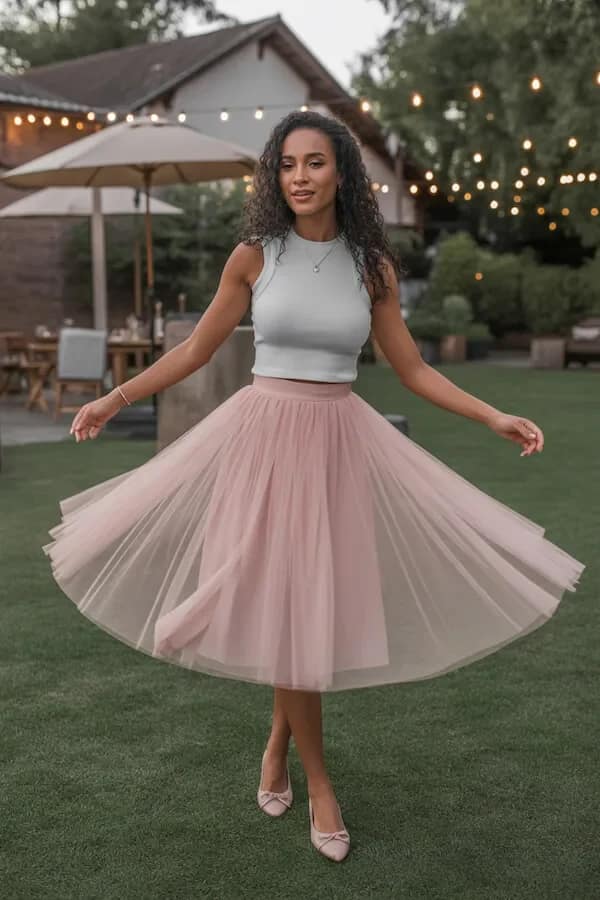 Sage Crop Top Blush Tulle Skirt Garden Party Outfit