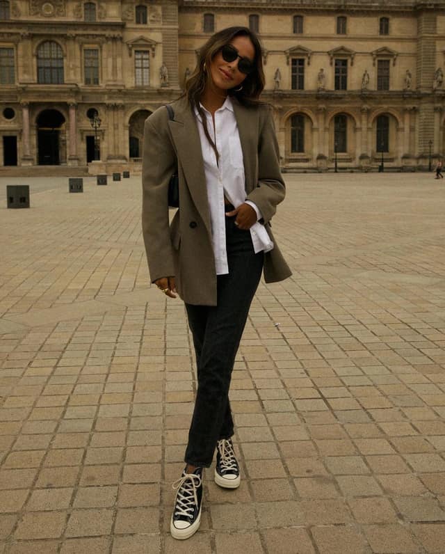 Taupe Blazer White Shirt Black Jeans Sneakers Outfit