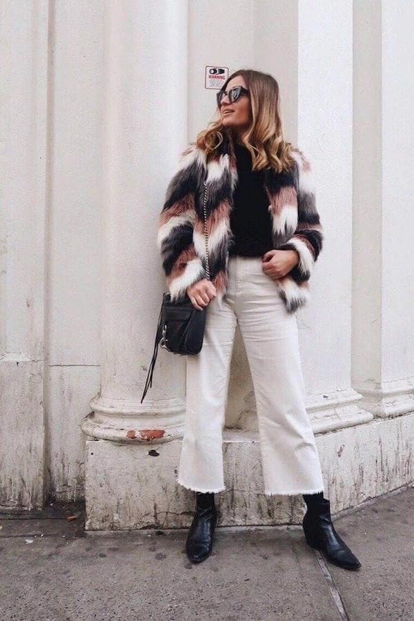 Striped Faux Fur Coat Outfit with White Flare Jeans