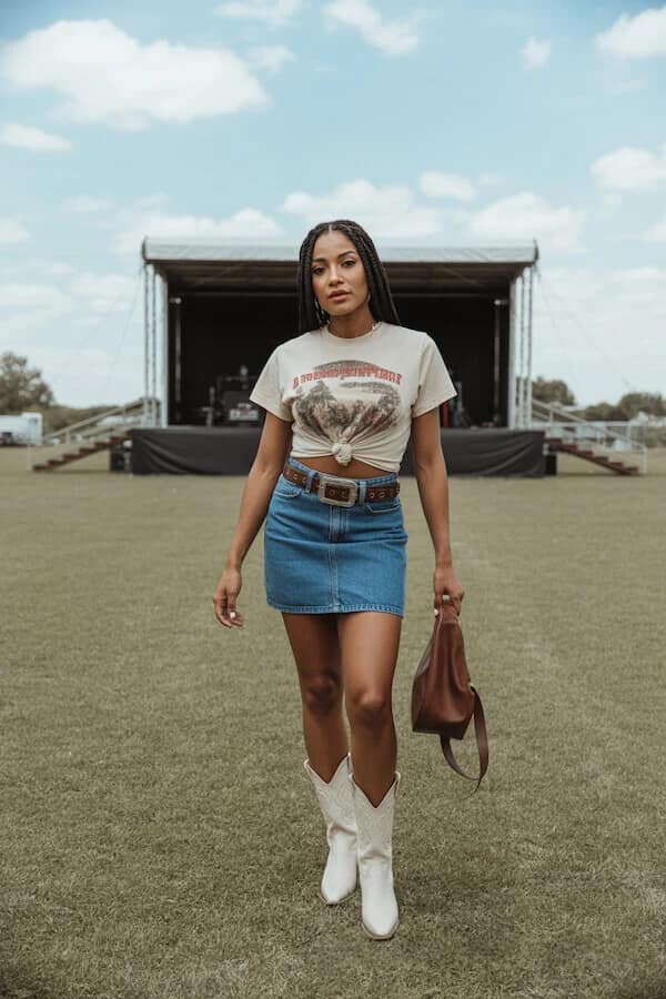 Denim Mini Skirt White Cowboy Boots Concert Outfit