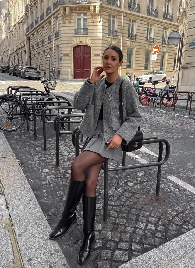 Gray Wool Jacket Outfit with Black Knee-High Boots