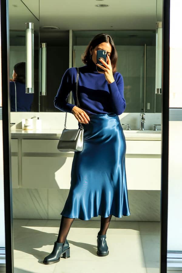 Navy Knit Blue Satin Midi Skirt Outfit with Boots