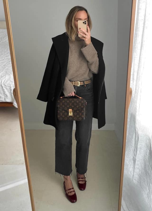 Black Blazer Taupe Sweater Dark Denim Outfit
