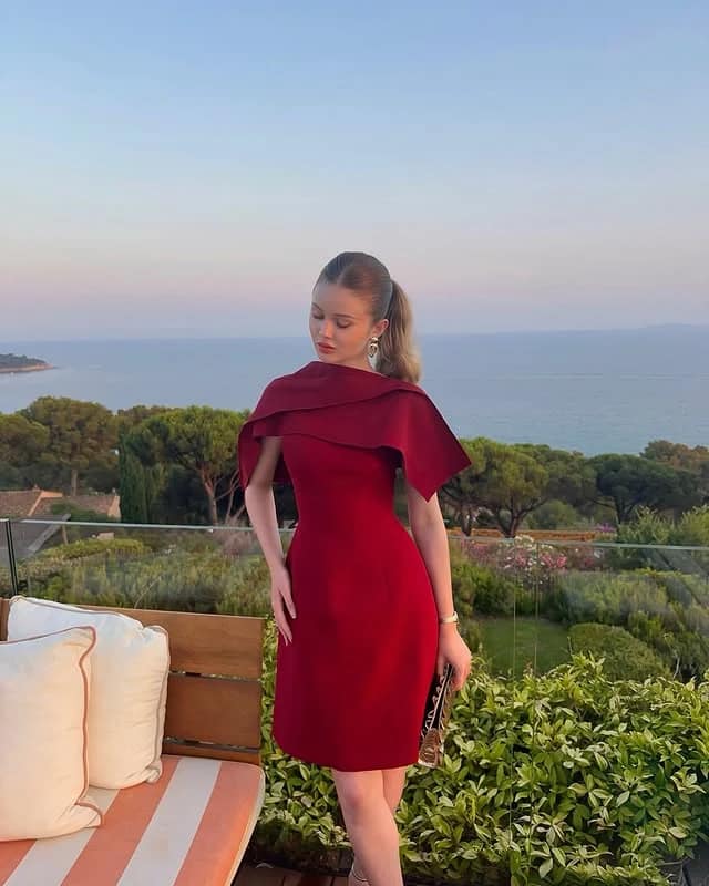 Red Cape Shoulder Dress Coastal Dinner Outfit