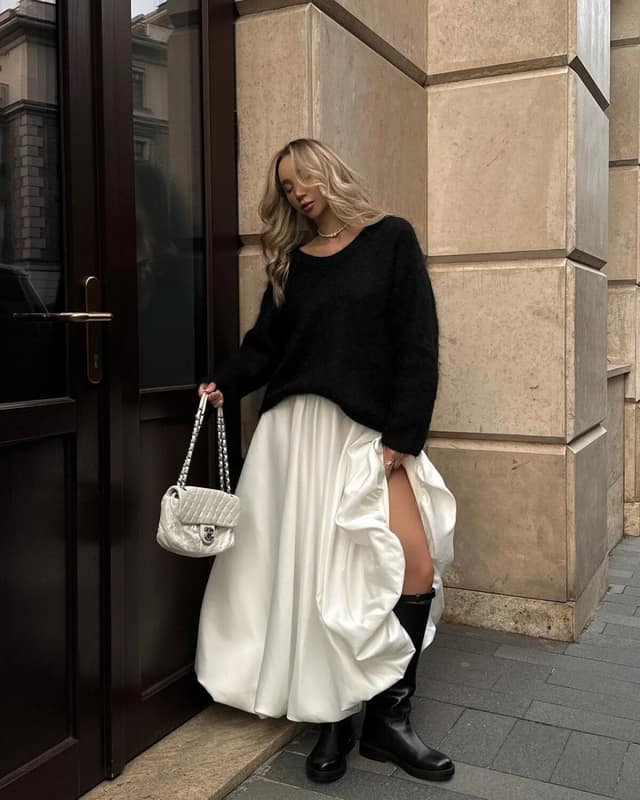 Black Oversized Sweater White Satin Skirt Outfit